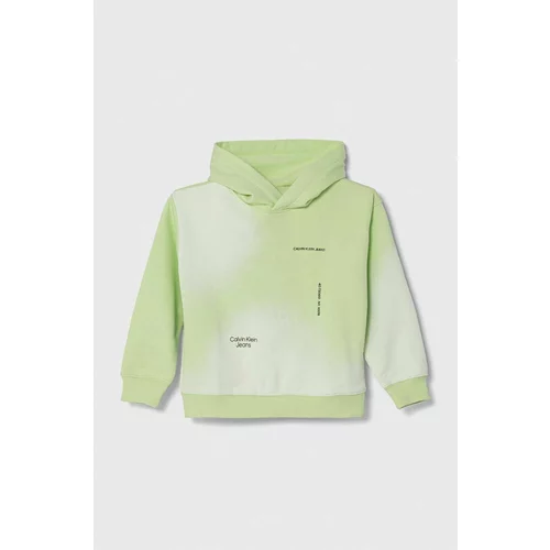 Calvin Klein Jeans Otroški bombažen pulover zelena barva, s kapuco