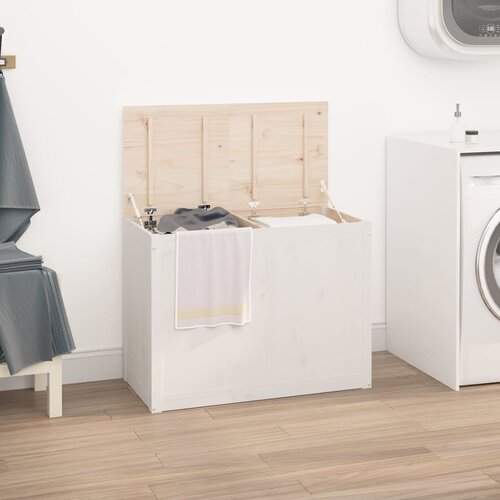 VidaXL Zaboj za perilo bel 88,5x44x66 cm trdna borovina Slike