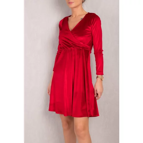 armonika Women's Red Double Breasted Neck Long Sleeve Velvet Flared Dress