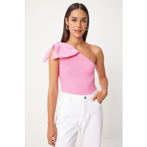 Happiness İstanbul Women&amp;#039;s Pink Bow One Shoulder Knitwear Blouse Slike