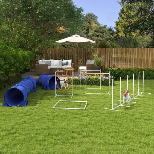  Set za agility za pse staza s preprekama za pse 1 guma 2 tunela 2 prepone 321 cm x 63 cm x 93 cm plava + crvena + bijela Slike
