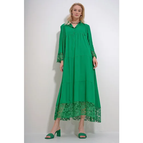 Trend Alaçatı Stili Women's Green Collar Robe Buttoned Lace Detailed Maxiboy Dress