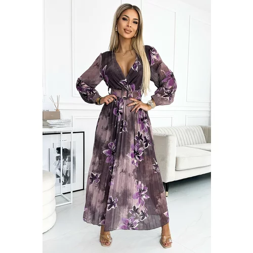NUMOCO 520-1 Pleated chiffon long dress with a neckline, long sleeves and a wide belt - PURPLE LARGE FLOWERS