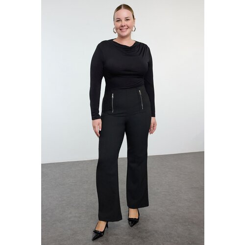 Trendyol Curve Black High Waist Ornamental Zipper Woven Plus Size Flare Trousers Slike