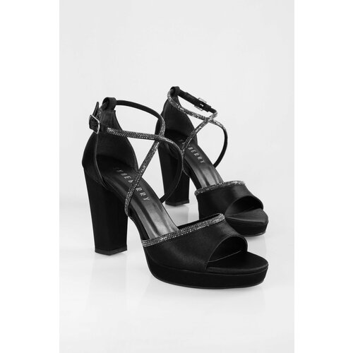 Shoeberry Women's Jayne Black Satin Stone Platform Heel Shoes Cene