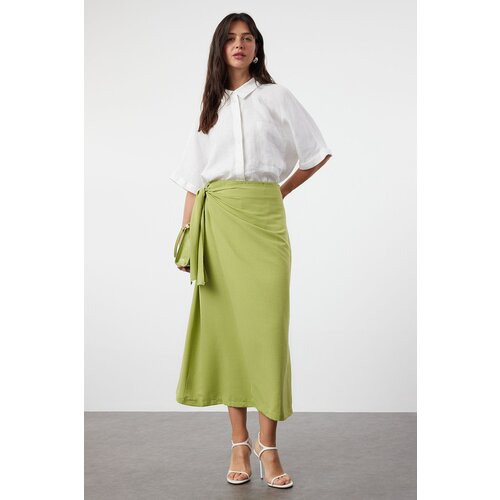 Trendyol Oil Green Double Breasted Tie Detailed Woven Linen Look Skirt Slike