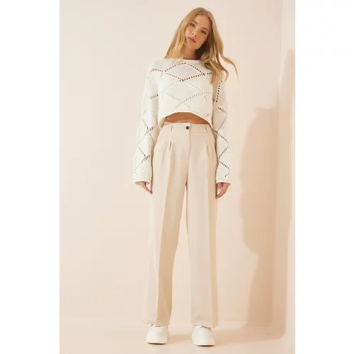 Happiness İstanbul Women's Cream Wide Leg Masculin Woven Trousers