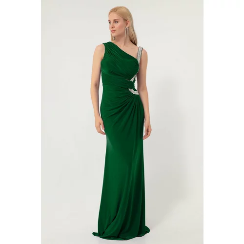 Lafaba Women's Emerald Green Long Evening Dress with Stone Straps