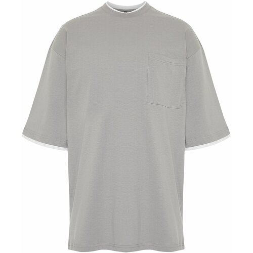 Trendyol Men's Gray Oversize Pocket Piece Detailed 100% Cotton T-Shirt Slike