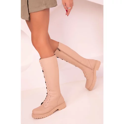 Soho Knee-High Boots - Beige - Flat
