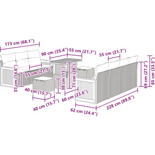  Set od 10 komada vrtnih sofa s jastučićima bež poly rattan akacija Slike