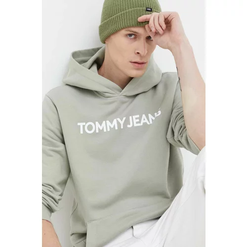 Tommy Jeans Bombažen pulover moška, zelena barva, s kapuco