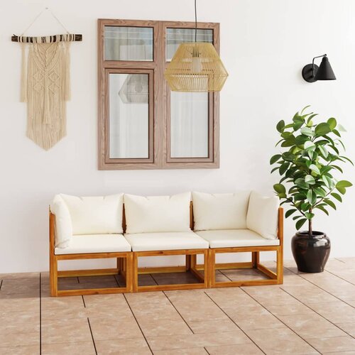 The Living Store Vrtna zofa za 3 osebe z blazinami krem trden akacijev les - Vrtni Kavč, (21438001) Slike