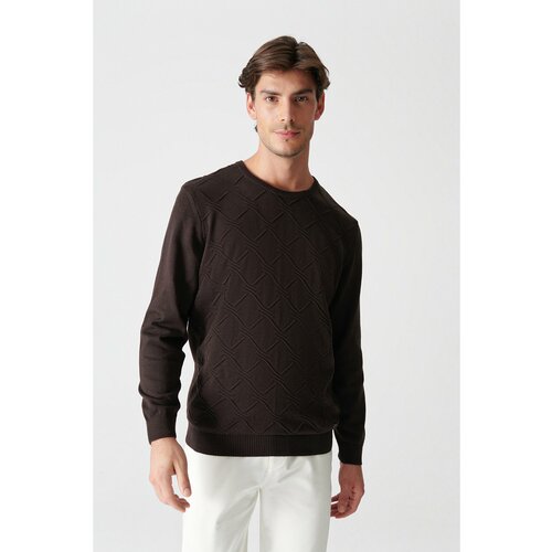 Avva Men's Brown Crew Neck Jacquard Sweater Cene