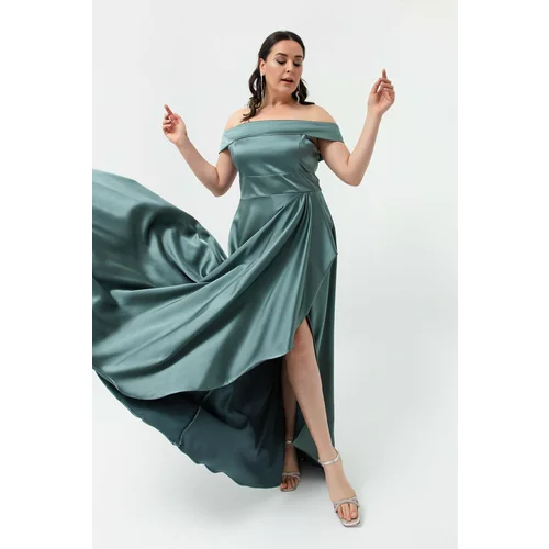 Lafaba Women's Turquoise Boat Collar Plus Size Satin Evening Dress Graduation Dress