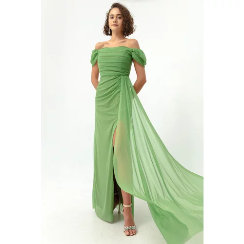 Lafaba Women's Green Boat Collar Draped Long Glittery Evening Dress with a Slit.