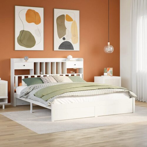 VidaXL Krevet s regalom z knjige bez madraca bijeli 200x200cm borovina Slike