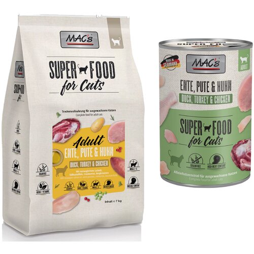  MAC&acute;s set: 12 x 400 g mokra hrana + 2 x 1,5 kg Superfood suha hrana - Pačetina, puretina, piletina 12 x 400 g + Adult patka, puretina i piletina 2 x 1,5 kg Cijene