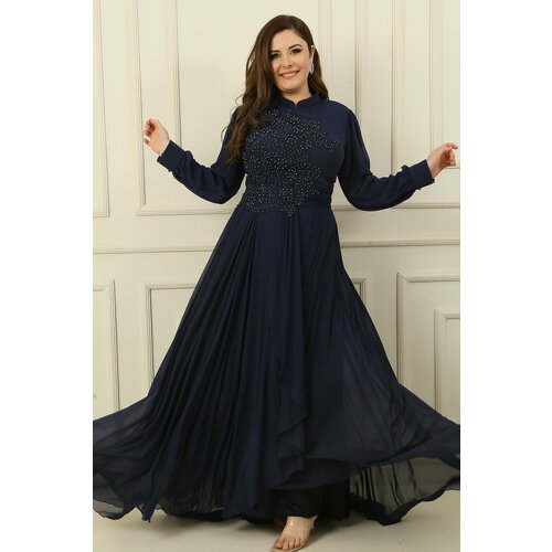 By Saygı Beaded Embroidered Lined Plus Size Long Chiffon Dress with Flounce on the Front Slike