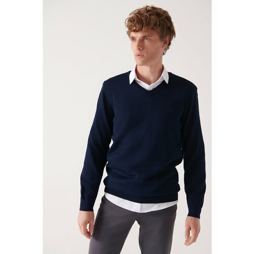 Avva Men's Navy Blue V Neck Wool Blended Standard Fit Normal Cut Knitwear Sweater Cene