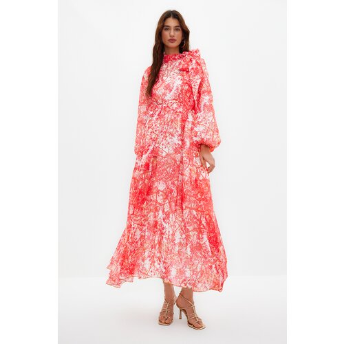 Trendyol Red Floral Pattern Lined Long Chiffon Evening Dress Slike