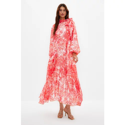 Trendyol Red Floral Pattern Lined Long Chiffon Evening Dress