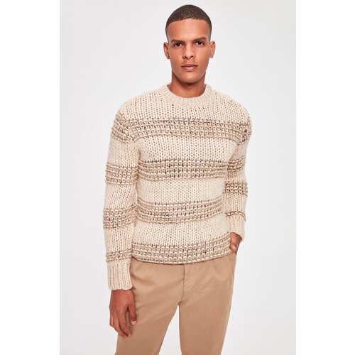 Trendyol beige men&amp;#039;s panel-knit crew neck knitwear sweater Slike