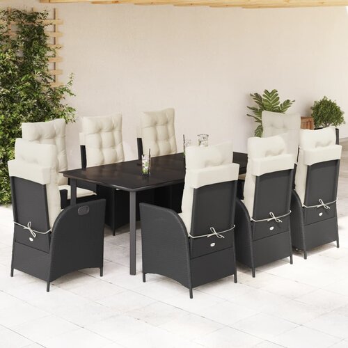  9-dijelni vrtni blagovaonski set s jastucima crni od poliratana Crna 200 x 100 x 74 cm Slike