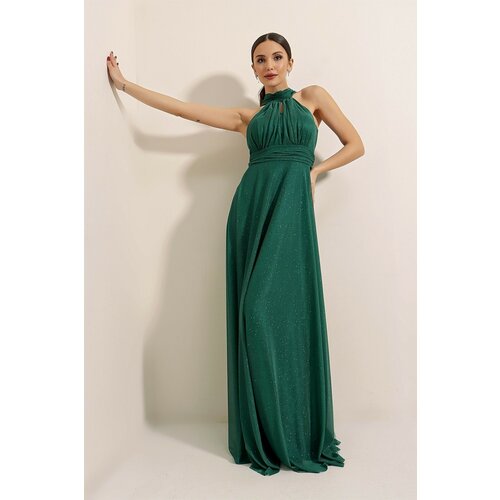 By Saygı Halterneck Lined Glittery Long Dress Emerald Cene