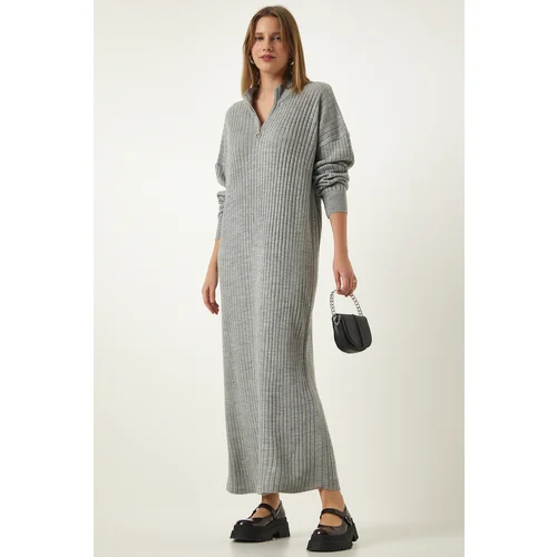  Women's Gray Ribbed Oversize Knitwear Dress