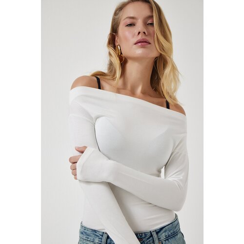  Women&amp;#039;s White Boat Neck Knitted Blouse Slike