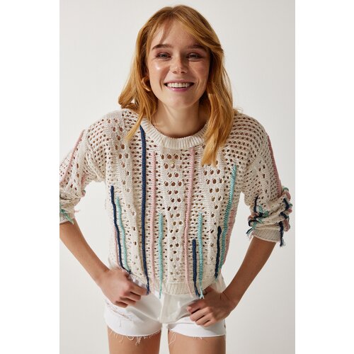  Women&amp;#039;s Cream Crew Neck Openwork Seasonal Knitwear Sweater Slike