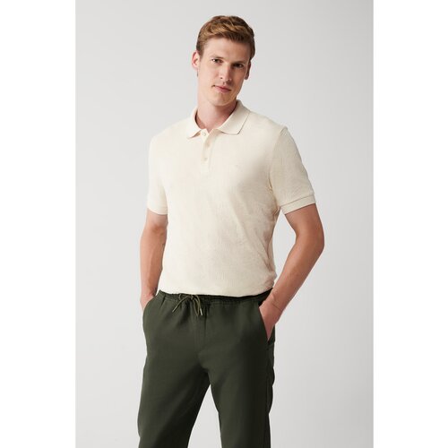 Avva Men's Beige 100% Cotton 3-Button Polo Neck Ribbed Standard Fit Regular Cut T-shirt Slike