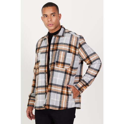 AC&Co / Altınyıldız Classics Men's Tile Gray Oversized Loose Fit Button-down Collar with Pockets Checkered Lumberjack Shirt Jacket. Slike