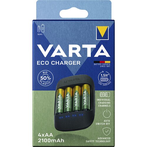 Varta Polnilnik ECO CHARGER, vključno s 4 polnilnimi baterijami AA (2100 mAh), od 4 kosov Slike