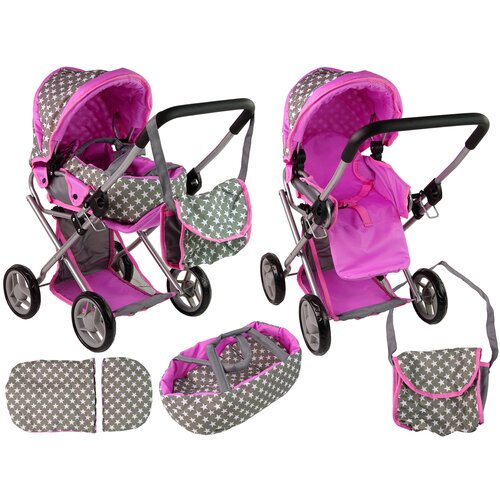 Kolica za lutku 2u1 Pink Stars - sivo/roza Slike