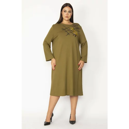 Şans Women's Plus Size Khaki Embroidery And Sequin Detail Long Sleeve Dress