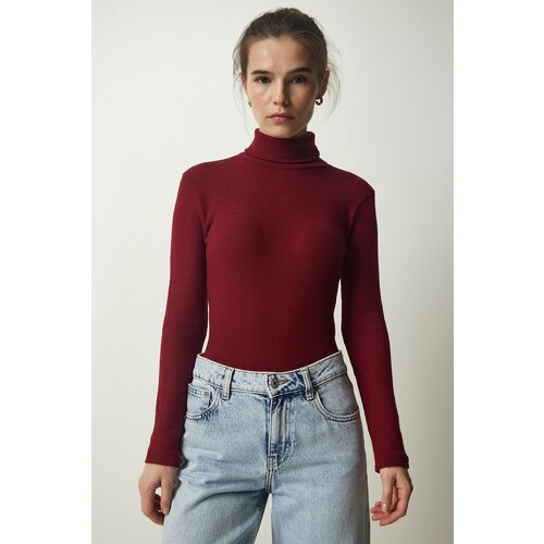 Happiness İstanbul Women's Burgundy Turtleneck Ribbed Knitted Blouse Slike