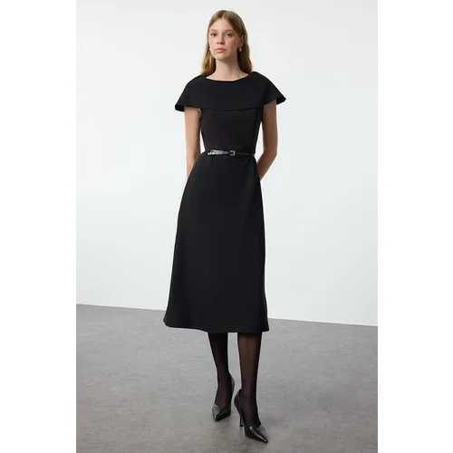 Trendyol Black Cape Look Skater/Waist Open Midi Woven Dress