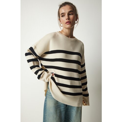 Happiness İstanbul Women's Bone Black Striped Oversize Knitwear Sweater Slike