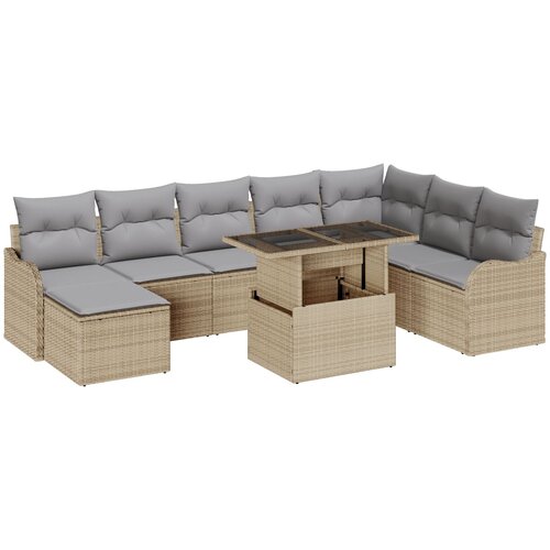 vidaXL 9-dijelni Set Sofe za Vrt s Jastucima Bež Poli Ratan, 2-sjedeća Vrtna Sofa s Pohranjivanjem i Jastucima Bež Poli Ratan Cene