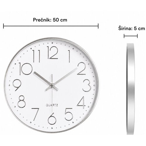  Zidni sat, prečnik 50 cm, beli sa srebrnim ramom Slike