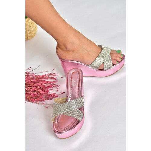 Fox Shoes P572282159 Powder Women's Slippers with Metallic Stone Detailed Wedge Heels Cene