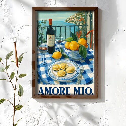 Wallxpert uramljena MDF slika NAL007-70, trpeza sa vinom, limunovima i raviolama iznad mora, natpis Amore Mio, 50 x 70 cm Cene