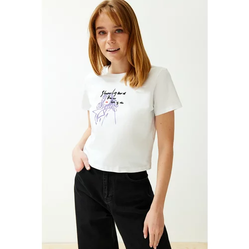 Trendyol White 100% Cotton Printed Comfort Fit Crop Knitted T-Shirt