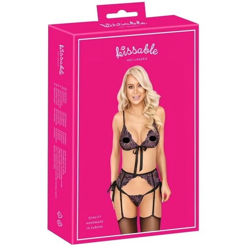 Kissable rožnat in vijoličen komplet z izvezenim modrčkom (črn) - L/XL Cene