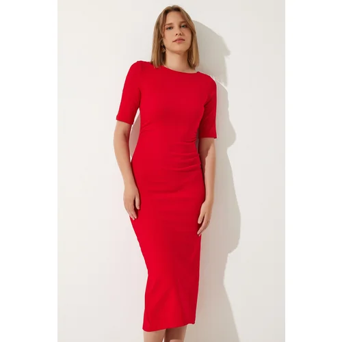  Women's Red Gather Detailed Summer Knitted Dress