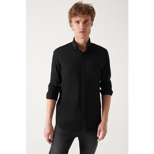 Avva Men's Black Seersucker Buttoned Collar Comfort Fit Relaxed Cut Shirt Slike