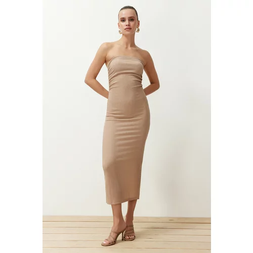 Trendyol Mink Strapless Gathered Fitted Midi Flexible Knitted Pencil Dress