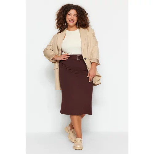 Trendyol Curve Brown Pencil Knitted Skirt With A Belt